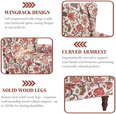 Mid Century Wingback Accent Chairs Set of 2 Floral Red - Image 6