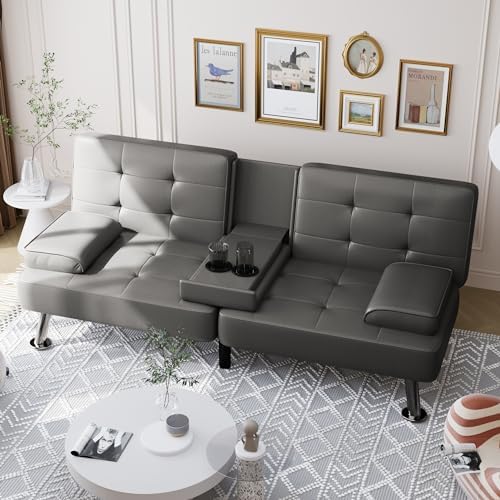 Shahoo Leather Convertible Futon Sofa Bed, Folding Sleeper Loveseat Couch by BuynowfromShahoo