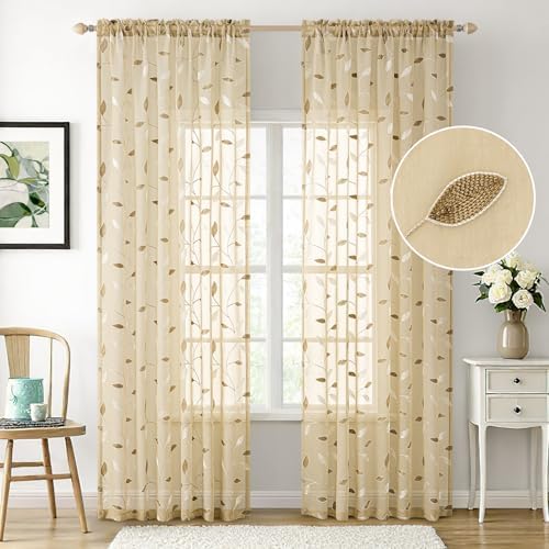 MIULEE Beige Sheer Curtains 2 Panels Embroidered Leaf Patterned, W52 x L84 - Image 2