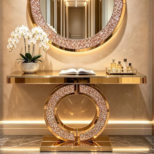 Brown Mirrored Console Table, 42.9" Rectangle Sofa Table by Unknown