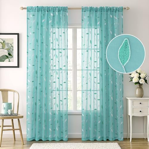 MIULEE Turquoise Sheer Curtains 2 Panels Leaf Patterned, W52 x L84 - Image 2