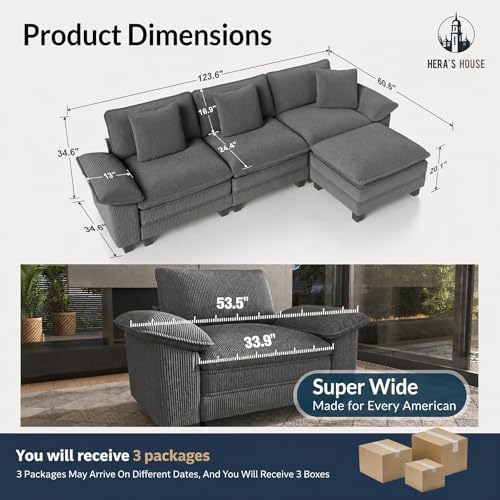 HERA'S HOUSE 124" Oversized Modular Sectional L Shaped Sofa, Corduroy Grey - Image 2