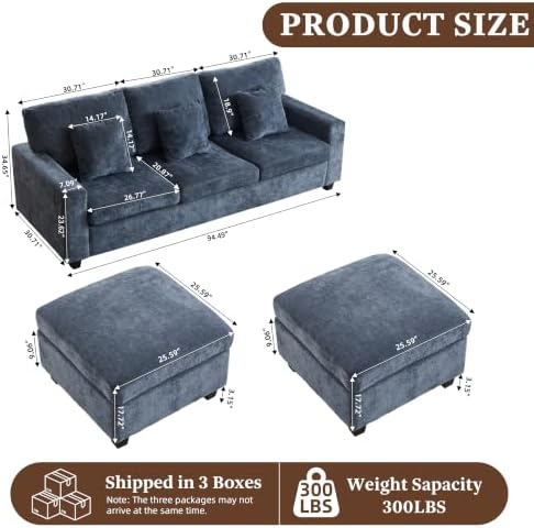 94.5'' 3-Seater Couch with 2 Ottoman Sectional Sofa withType-C&USB Charging - Image 2