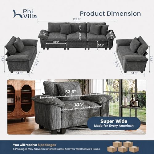 PHI VILLA 3-Piece Modular Sofa Set, 3-Seat Sectional Couch and 2 Armchairs - Image 4