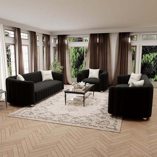 3-Piece Black Velvet Tufted Sofa Set - Image 5