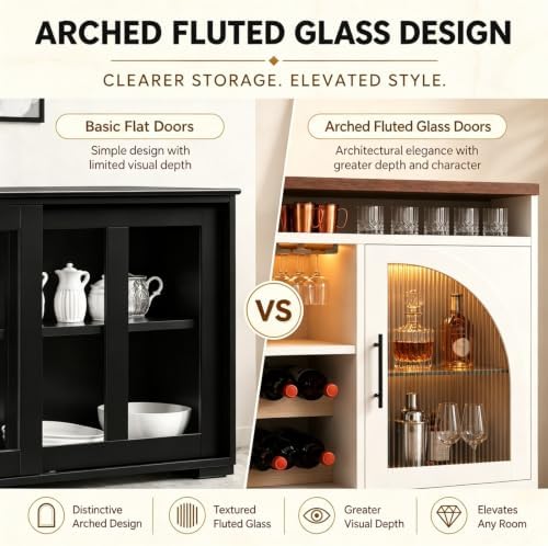 54" Coffee Bar Cabinet with Storage, LED Lights and Arched Glass Doors - Image 5