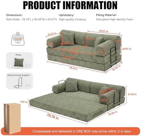 79" Memory Foam Sofa Bed, High Backrest Convertible Futon Boneless Couch - Image 2