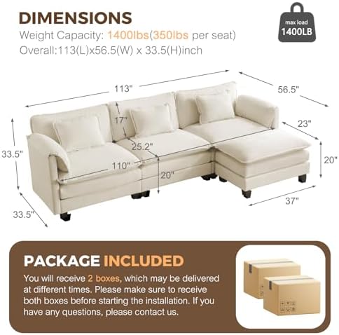 ELUCHANG 113" Oversized Modular Sectional Sofa, L Shaped Comfy Cloud Couch - Image 2