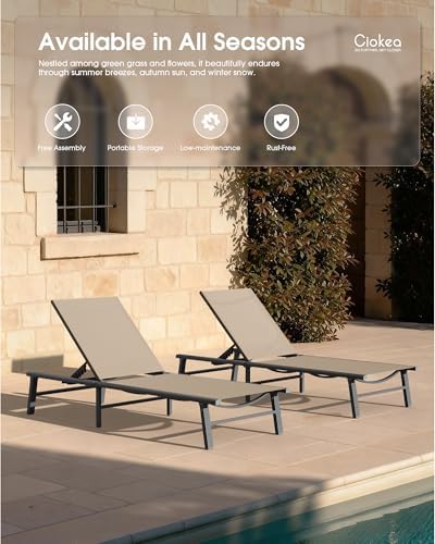 Ciokea Foldable Outdoor Lounge Chair Set of 2, No Assembly Aluminum Chaise - Image 3