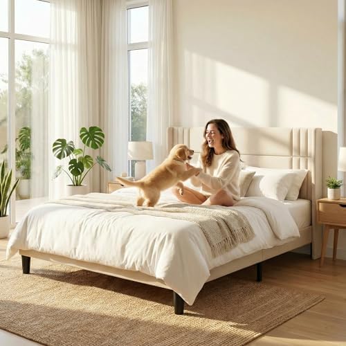 Gizoon King Bed Frame with Wingback Headboard, Upholstered Platform Bed - Image 3