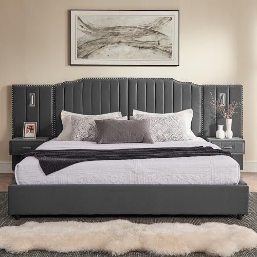 King Size Bed Frame with LED Lights and Nightstands, Modern Velvet Upholstered - Image 3