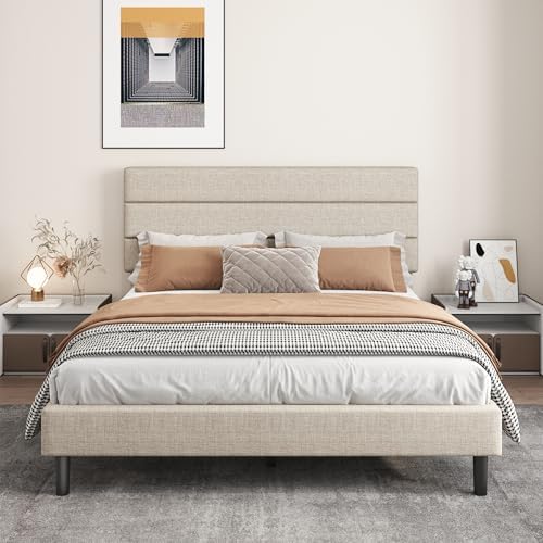Full Platform Bed Frame with Adjustable Linen Fabric Upholstered Headboard by Mxhtcewz