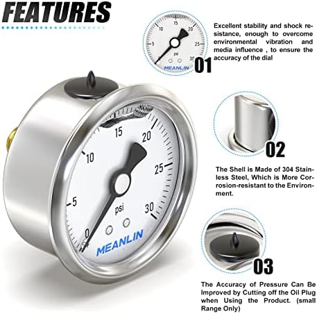 MEANLIN MEASURE 0~30Psi Stainless Steel 1/4" NPT 2.5" Single Scale FACE DIAL - Image 5