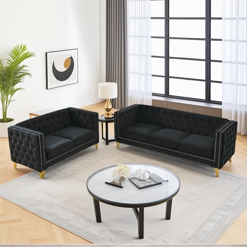 2 Piece 81" 3-Seater + 58" Loveseat Velvet Sofa Set, Buttons Tufted and Square - Image 7