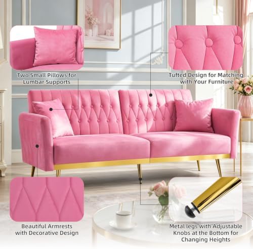 70” Velvet Futon Sofa Bed w/Adjustable Armrests - Image 6