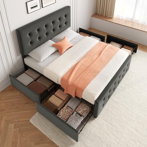 IDEALHOUSE Full Bed Frame with 4 Storage Drawers and Headboard, Light Grey - Image 4