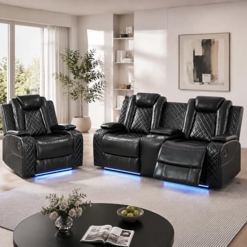 3-Piece Leather Power Recliner Sofa Set, Home Theater Seating by Unknown