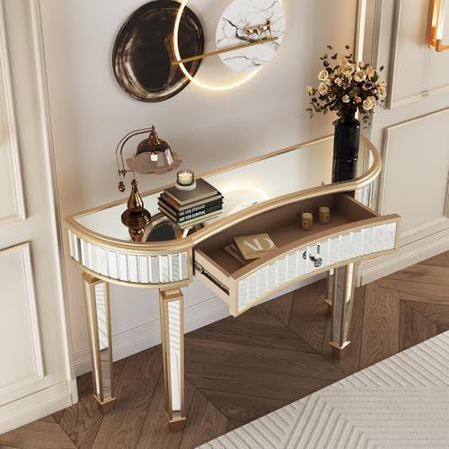 Gold Mirrored Console Table, Modern Luxury Entryway Vanity Desk Mirrored - Image 6