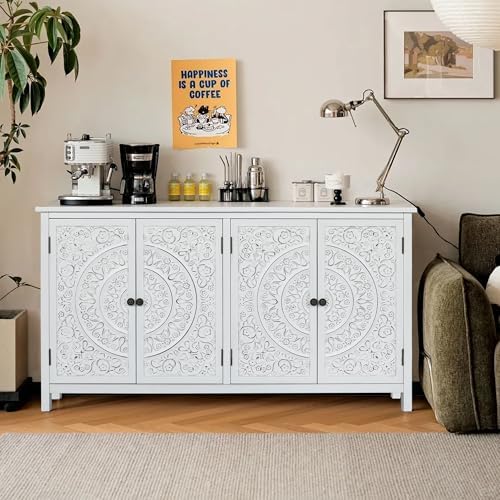 LKTART 60" Solid Wood Sideboard Buffet, Carved Credenza Storage Cabinet by LKTART