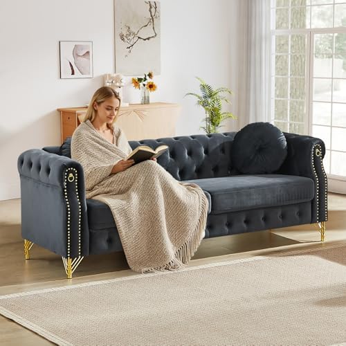 Mid Century Modern Chesterfield Sofa, Upholstered Button Tufted Velvet Couch - Image 3