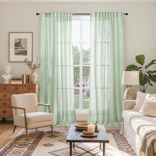 Light Green Linen Semi Sheer Curtains 84 Inch Length - Image 2