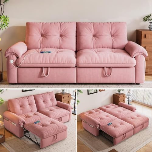 77.2" Sleeper Sofa Bed Full, Pre-Assembled Flannel Pull Out Sofa by Tabaray