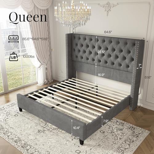 Jocisland Queen Size Bed Frame Velvet Upholstered Platform Bed - Image 2