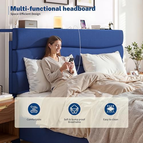 EnHomee Queen Bed Frame with Upholstered Headboard & Charging Station - Image 3