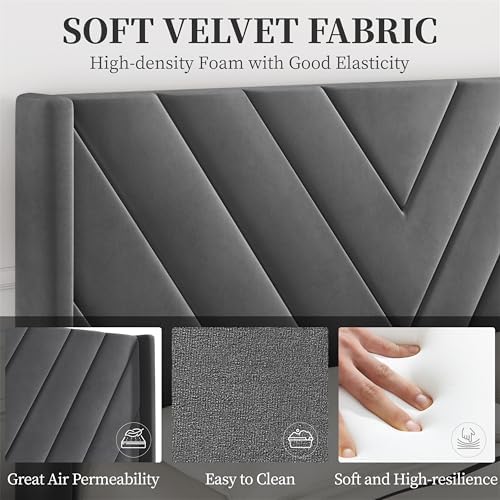 Yaheetech Queen Bed Frame with Chevron Channel-Tufted Headboard, Deep Gray - Image 6