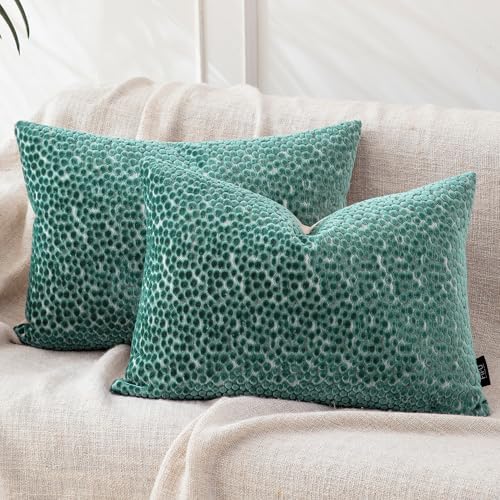FIFU Lumbar Pillow Covers 14x20 Inch Set of 2, Jacquard Velvet, Teal Green by FIFU