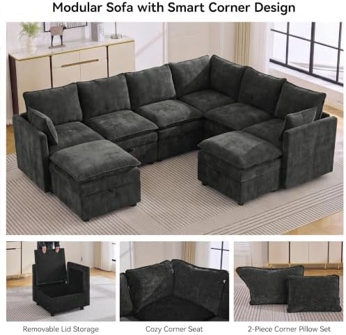 105" Dark Grey Modular Storage Sofa, U Shaped Chenille Couch - Image 6