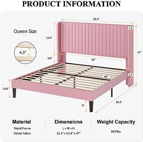 SHA CERLIN Queen Size Velvet Bed Frame, Tufted Wingback Headboard - Image 2