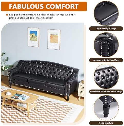 LEVNARY Mid-Century Modern Leather Couch, Chesterfield Sofa Sleeper Settee - Image 3