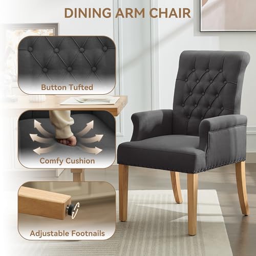 Dining Chair with Arms, Upholstered High Back Dining Room Chairs, Dark Grey - Image 4