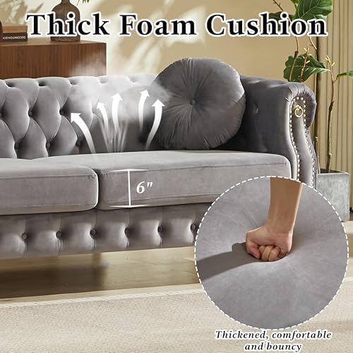 2 Pieces Grey Velvet Chesterfield 82" 3-Seater Sofa Sets, Featuring Copper Stud - Image 5