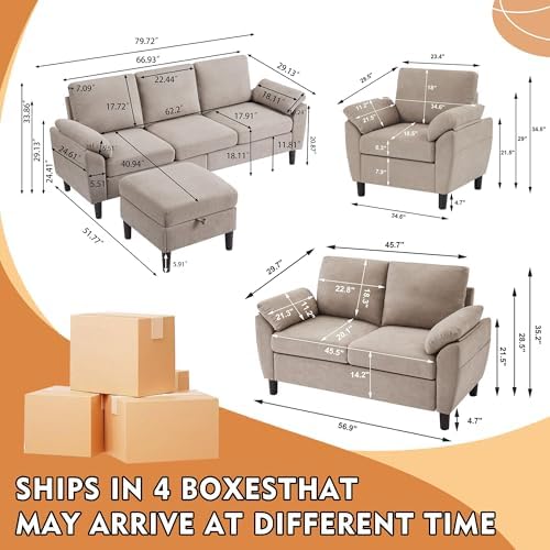 4 Piece Convertible Sectional Sofa Set, Modern Linen Small L Shaped Couch - Image 2