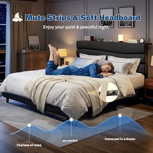 EnHomee Queen Bed Frame with Upholstered Headboard & Charging Station - Image 5