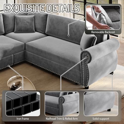 88.2" Chenille L-Shaped Pull-Out Sectional Sleeper Sofa Bed, Light Grey - Image 6