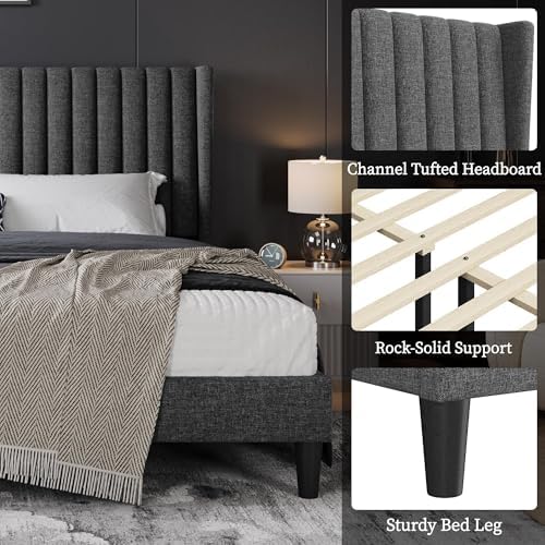 Yaheetech King Bed Frame with Headboard, Dark Gray Channel-Tufted Platform - Image 4