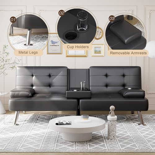Shahoo Leather Convertible Futon Sofa Bed, Folding Sleeper Loveseat Couch - Image 5