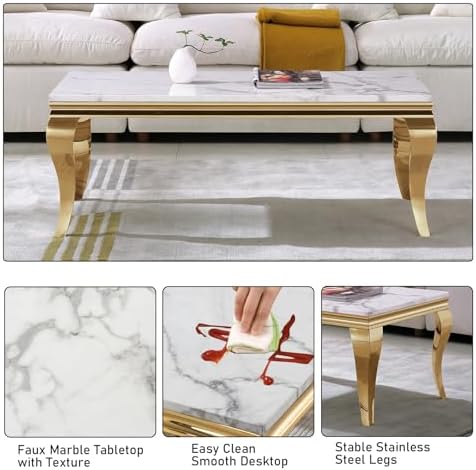White and Gold Faux Marble Coffee Table Modern Centre Table - Image 6