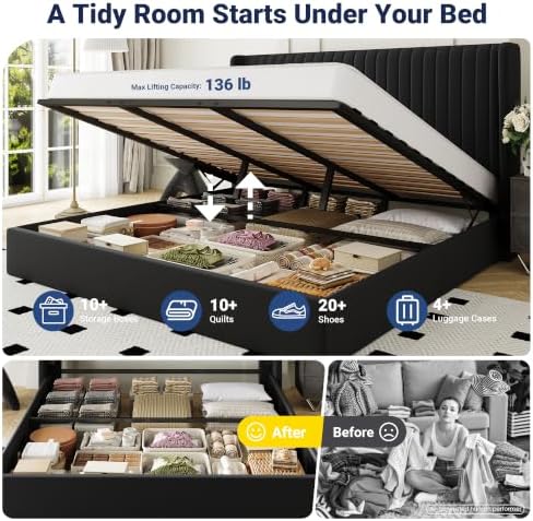Allewie King Size Lift Up Storage Bed Frame Channel Tufted Headboard Black - Image 3