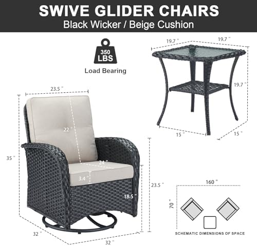 Belord 3 Pieces Black Wicker Patio Furniture Outdoor Swivel Rocker Patio Glider - Image 6