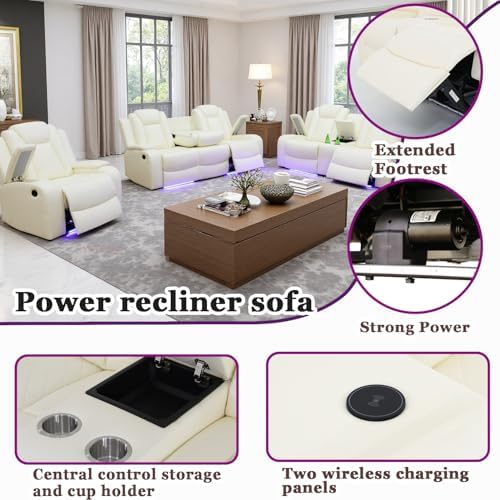 Power Recliner Sofa Set with LED, Breathing Leather Electric Reclining - Image 3