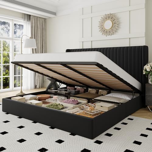 Allewie King Size Lift Up Storage Bed Frame Channel Tufted Headboard Black by Allewie