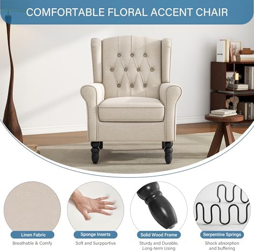 High Back Accent Chair, Fabric Upholstered Wingback Armchair - Image 5