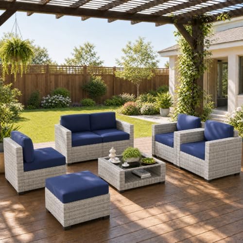 LOUVIXA 7 Piece Outdoor Patio Furniture Set, Rattan Chairs Glass Table Wicker by LOUVIXA