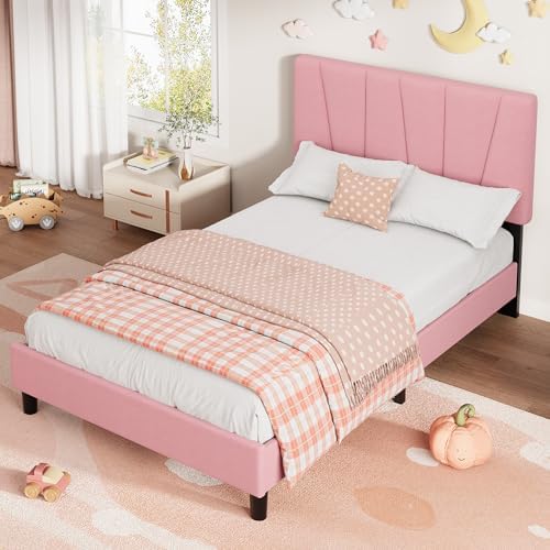 Twin Size Platform Bed Frame for Kids, Linen Upholstered Headboard & Wooden - Image 4