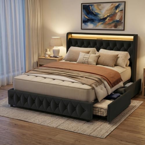 Queen Size Bed Frame, 4 Storage Drawers, Charging Station by Zelurelle