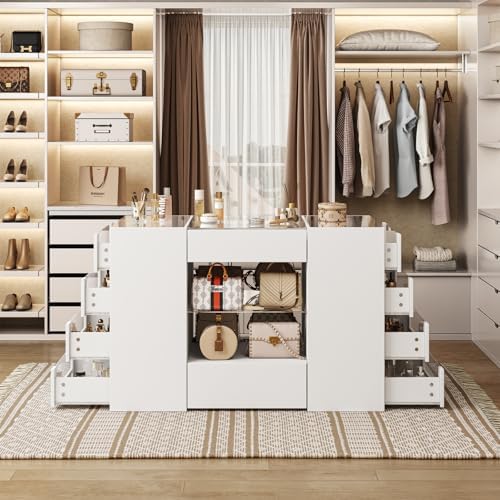 LIVAUVEAD Closet Island with 12 Drawers, Glass Top & Display Shelves - Image 7